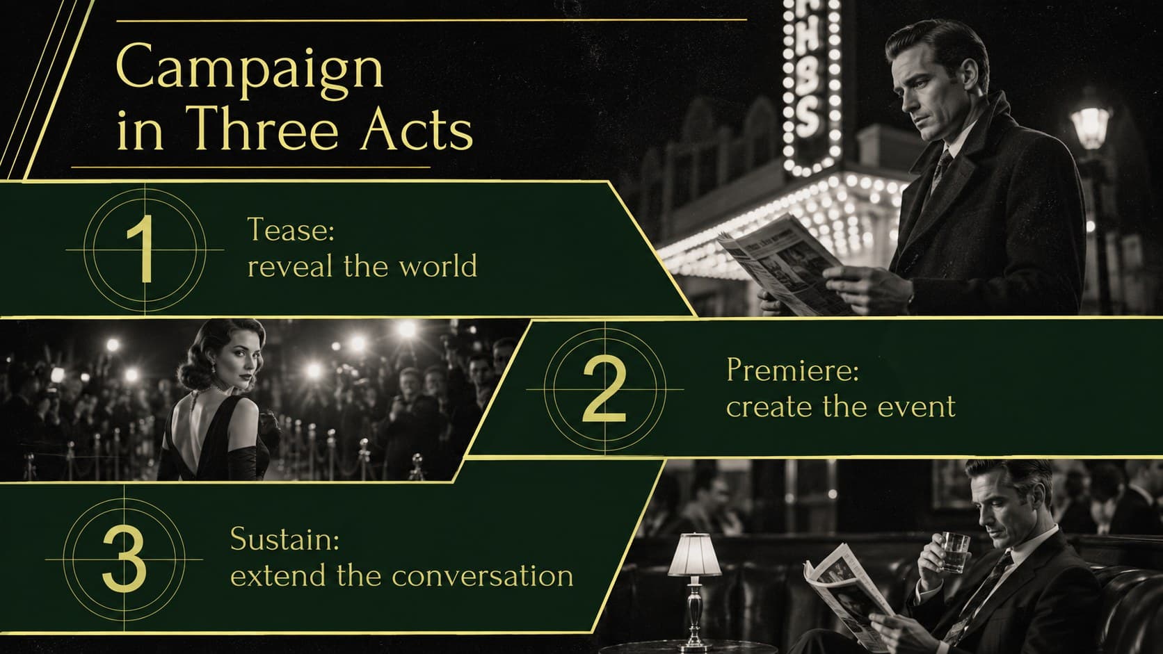 Vintage film campaign presentation slide detailing teaser, premiere, and sustained-release phases.