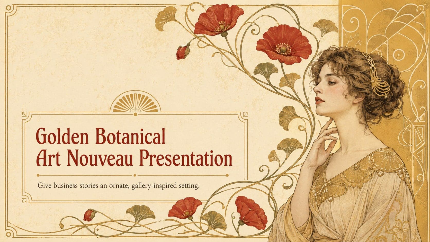 Cover of a golden botanical Art Nouveau presentation with ornate red flowers, yellow panels, and an elegant vintage title.