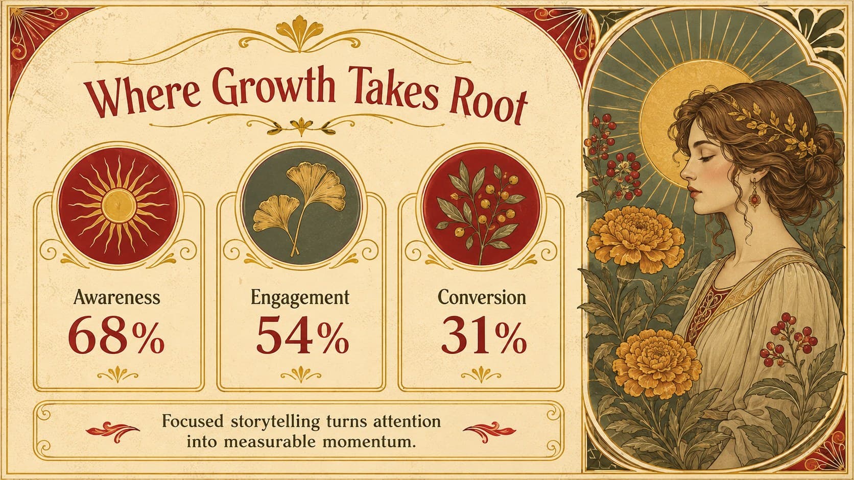 Vintage botanical pitch deck data slide showing three growth metrics beside ornate yellow and red floral artwork.