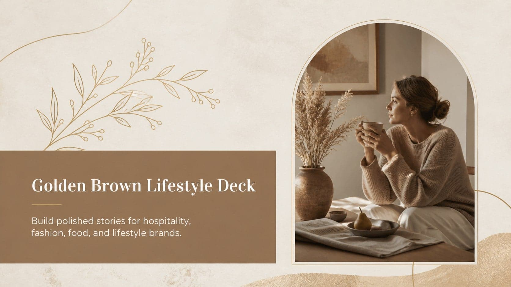 Golden Brown Lifestyle Deck cover with elegant editorial type, warm neutral shapes, and refined lifestyle photography.