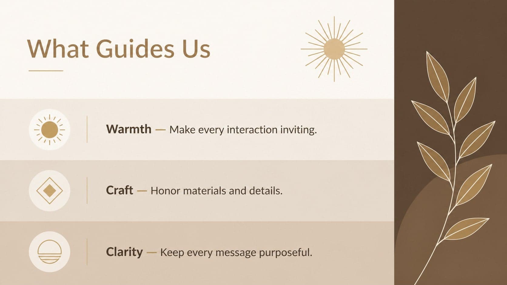 Golden brown lifestyle deck slide presenting three brand values with minimal icons and balanced typography.