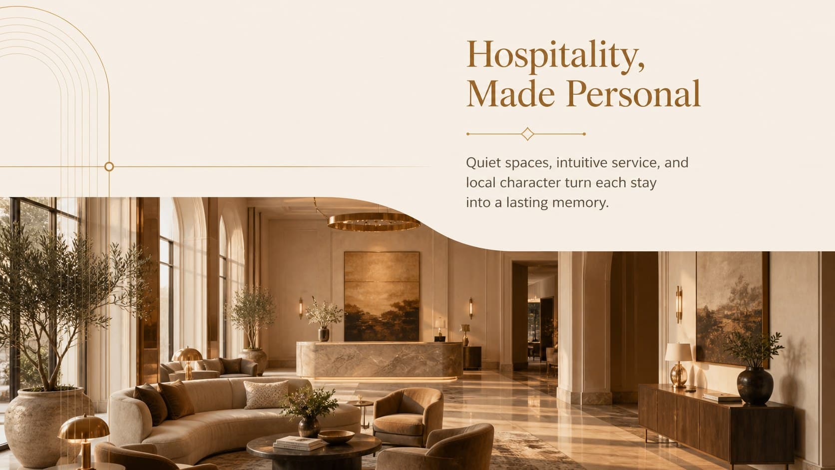 Luxury hospitality presentation template slide with a boutique suite photograph and guest experience narrative.
