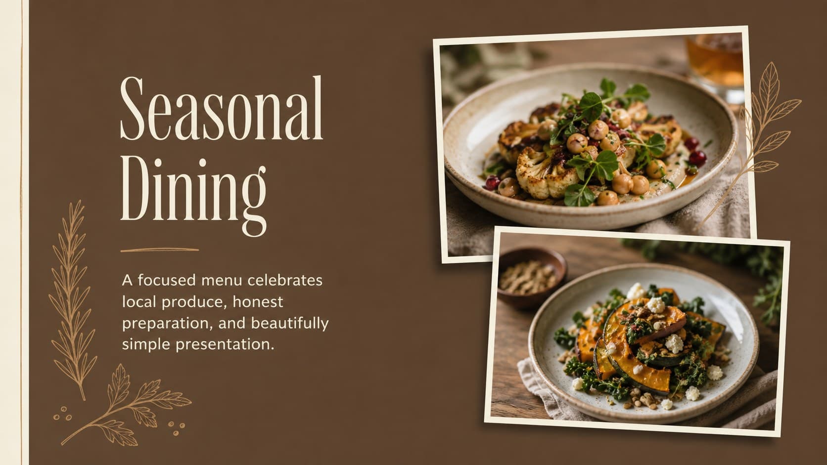 Elegant food photography presentation slide showing a seasonal dining concept in a golden brown palette.