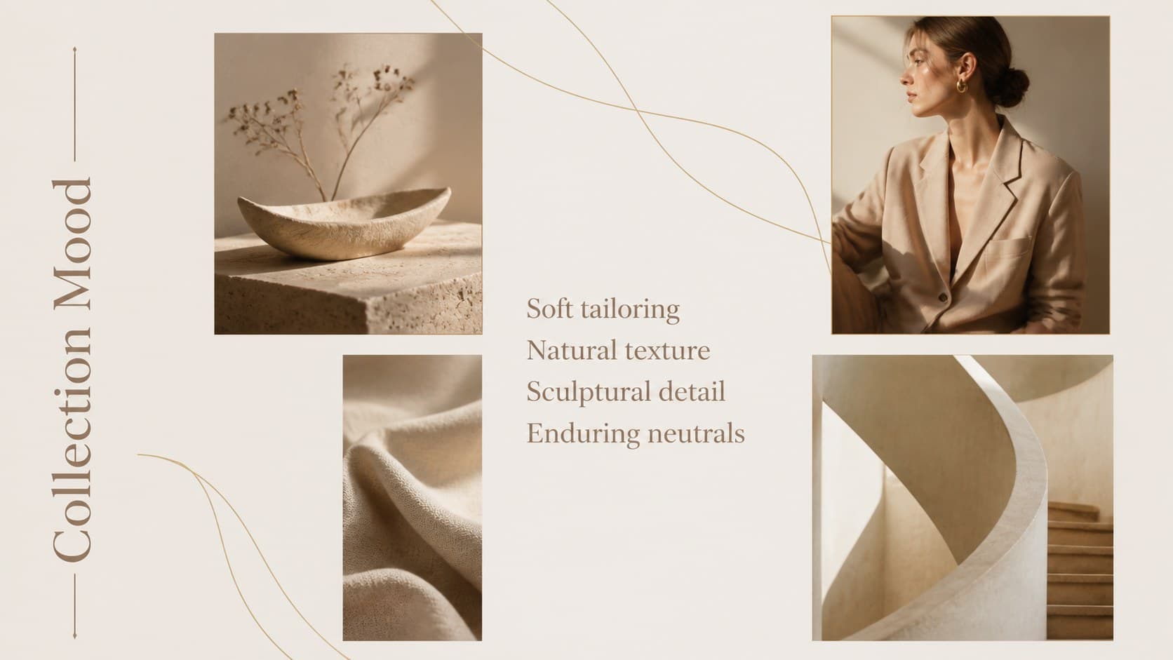 Refined fashion moodboard slide with fabric, accessory, and architectural images in warm neutral tones.