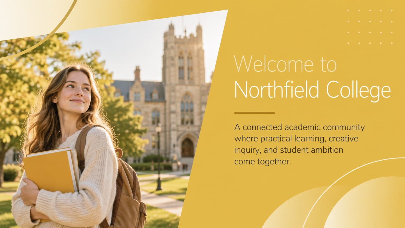 College prospectus welcome slide featuring a concise institutional introduction in a gold and white layout.