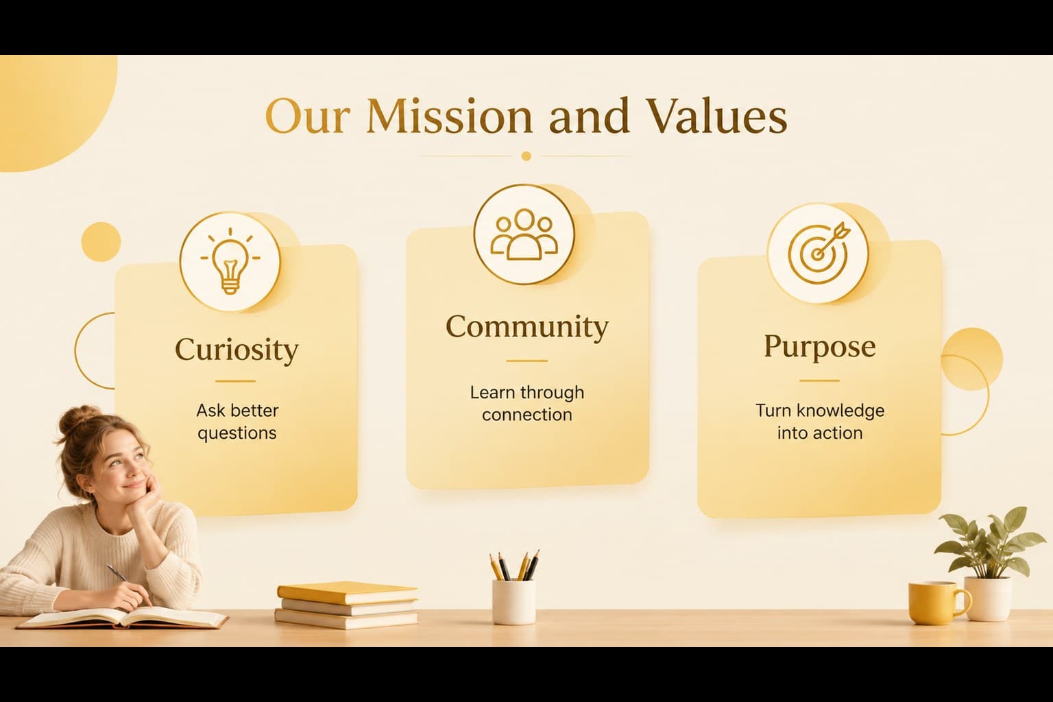 Higher education brochure slide outlining college mission and values with minimal golden graphics.