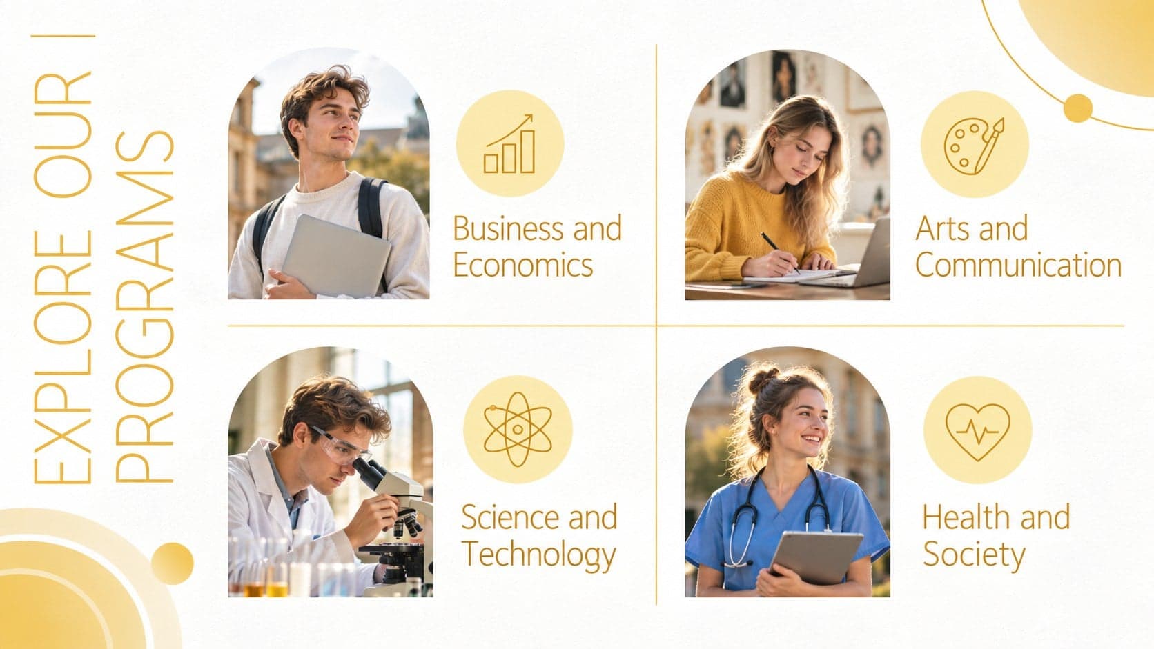 Academic program overview template displaying four study areas with yellow gradient accents.