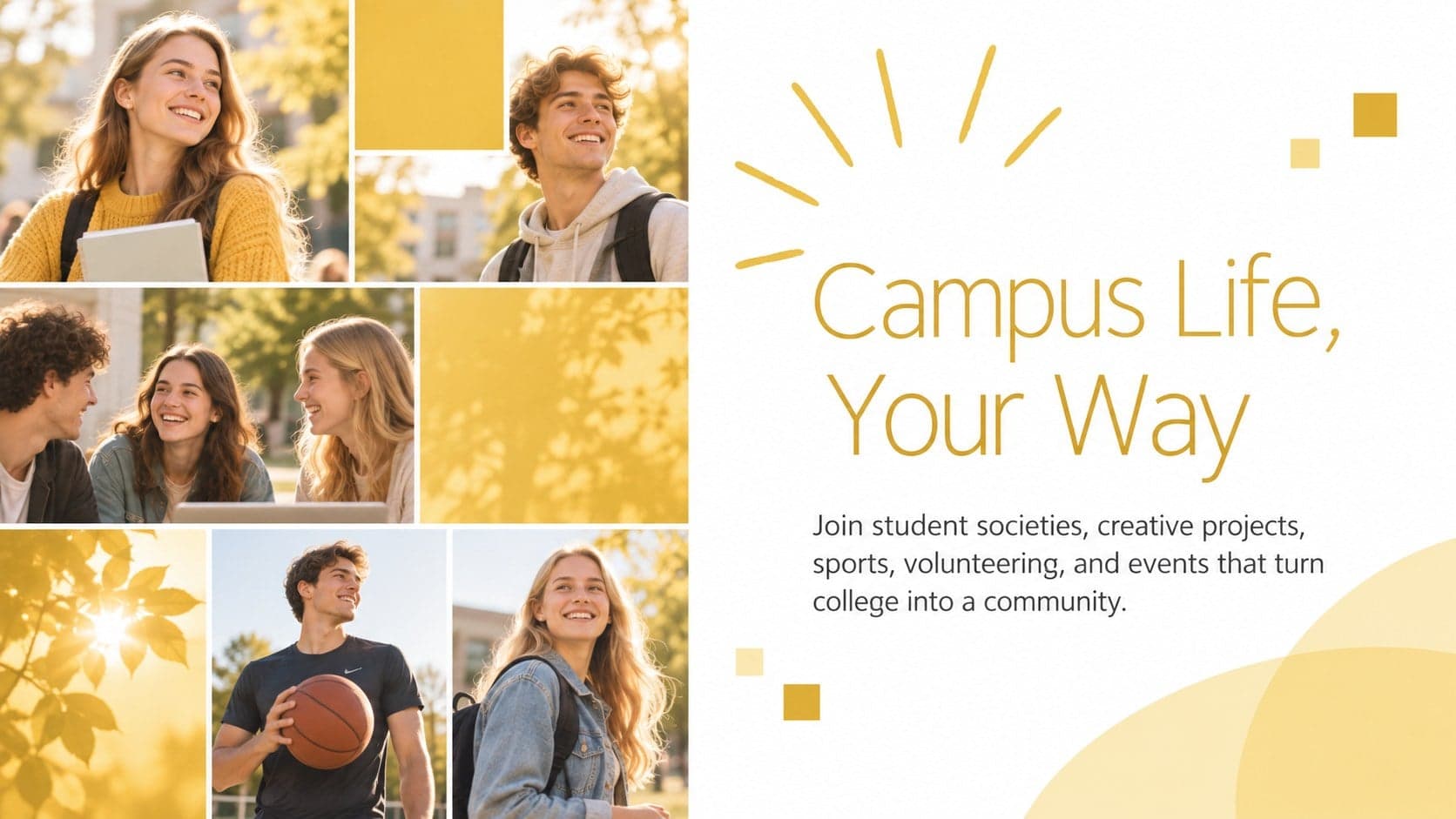 College campus life presentation slide with student activity photography and warm gold details.