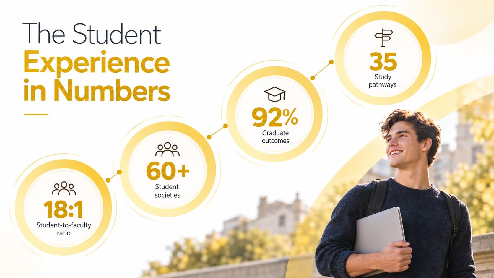 University recruitment presentation showing four key student experience statistics in a minimal layout.