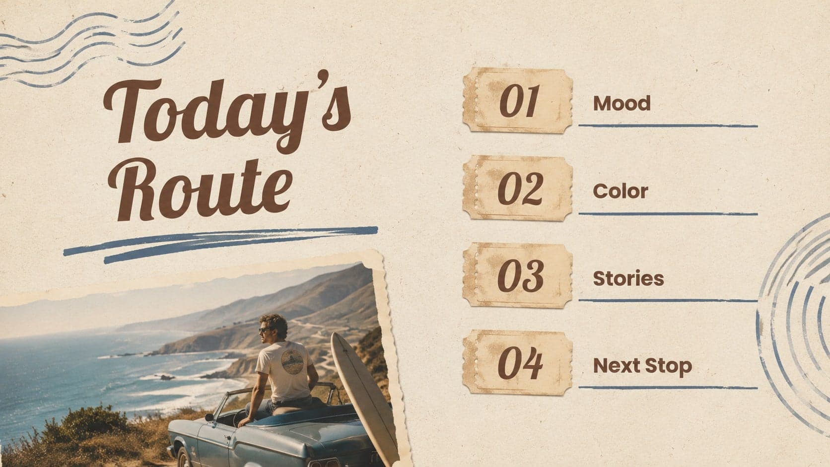 Retro editorial agenda slide outlining a summer visual storytelling presentation.