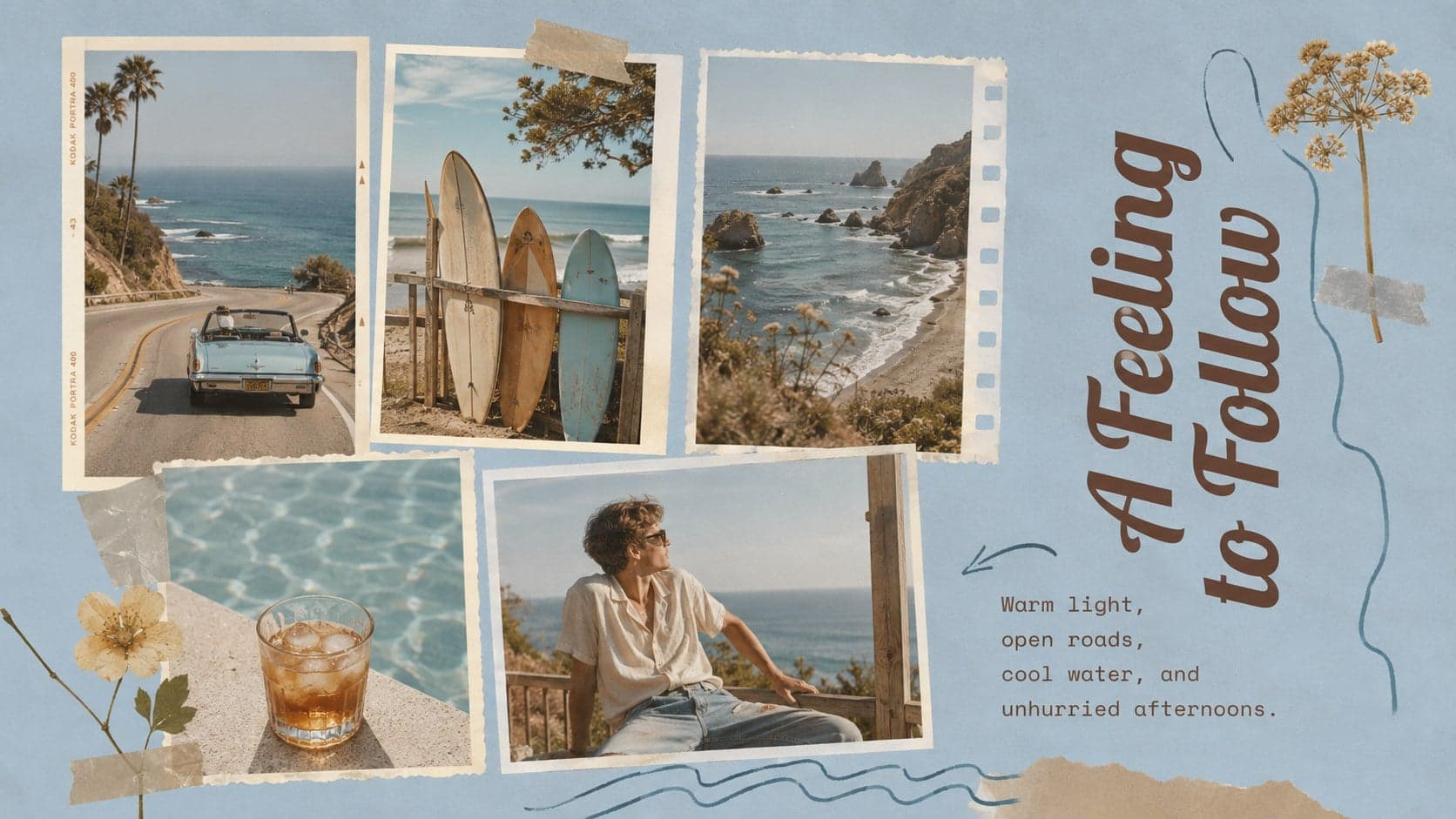 Golden hour moodboard slide featuring nostalgic summer photographs and tactile graphic details.