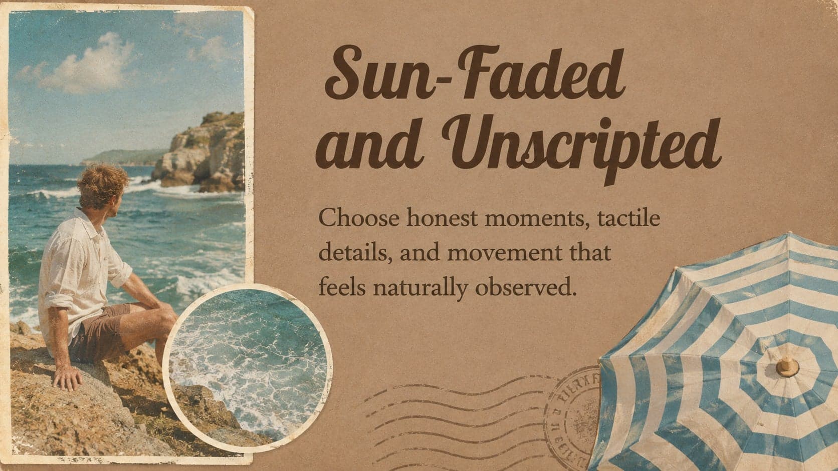 Vintage beach lookbook deck slide pairing an editorial photograph with a concise creative statement.