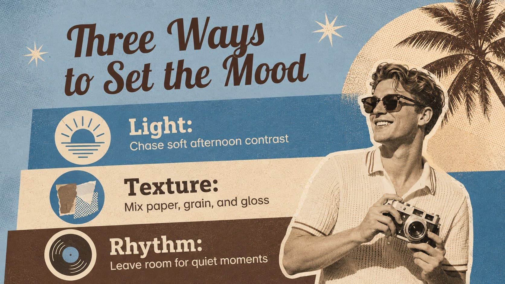 Retro summer presentation slide showing three visual storytelling principles in a structured layout.