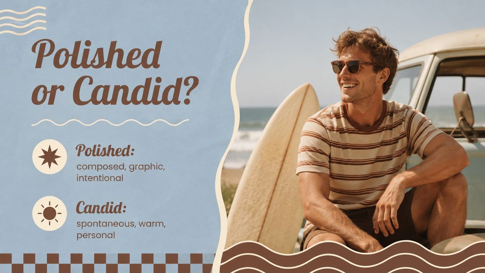 Warm-weather creative presentation slide comparing polished and candid visual directions.