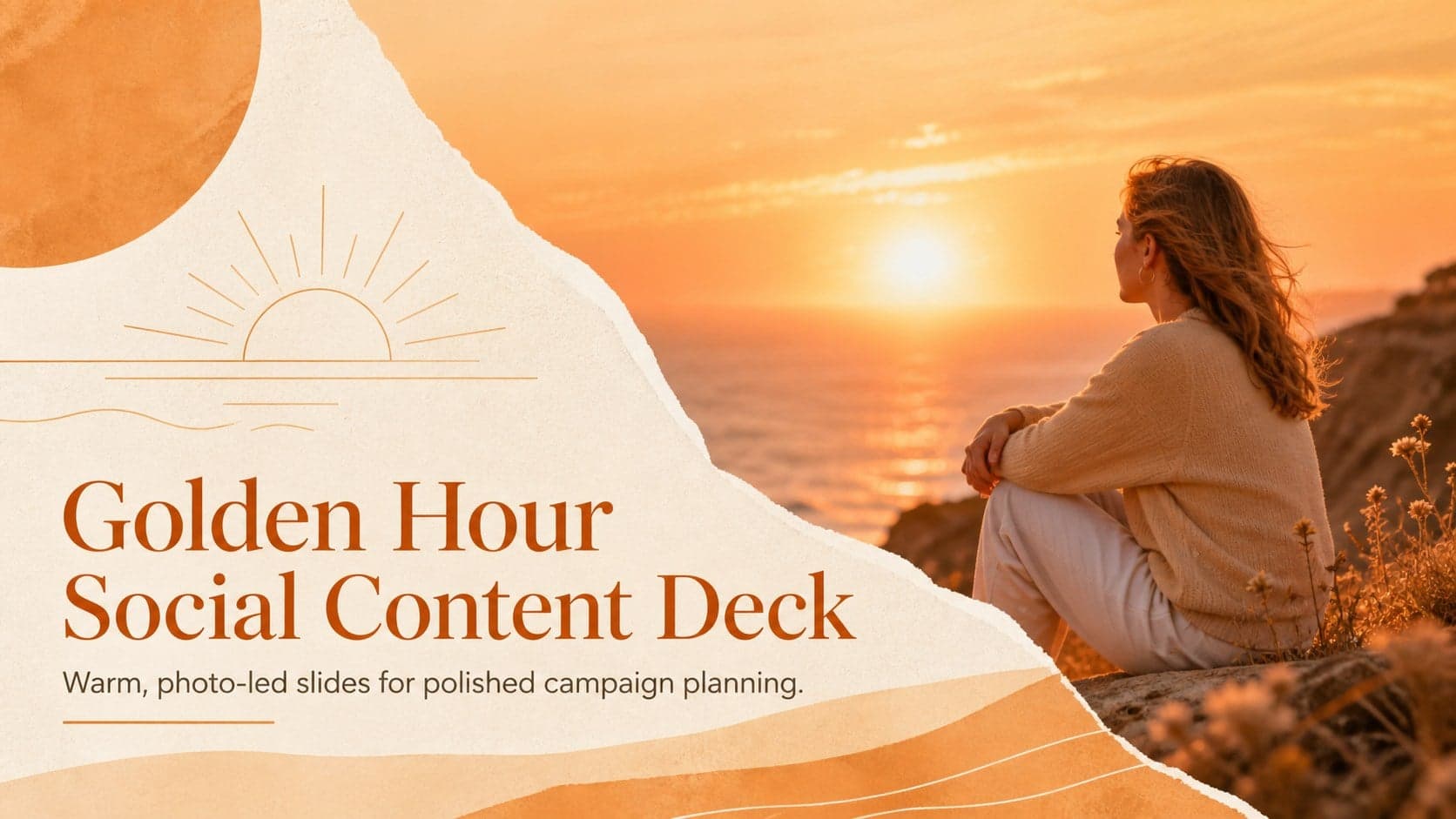 Golden Hour Social Content Deck cover with warm sunset photography and orange and beige typography.
