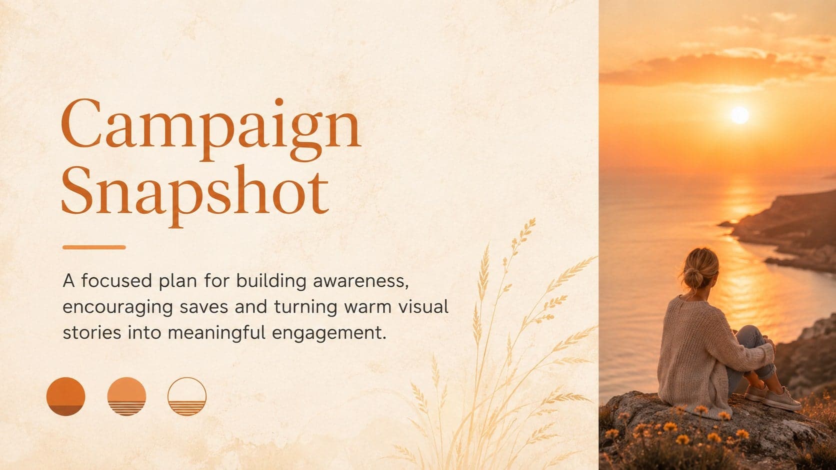 Campaign snapshot slide with sunset imagery and concise social content objectives.