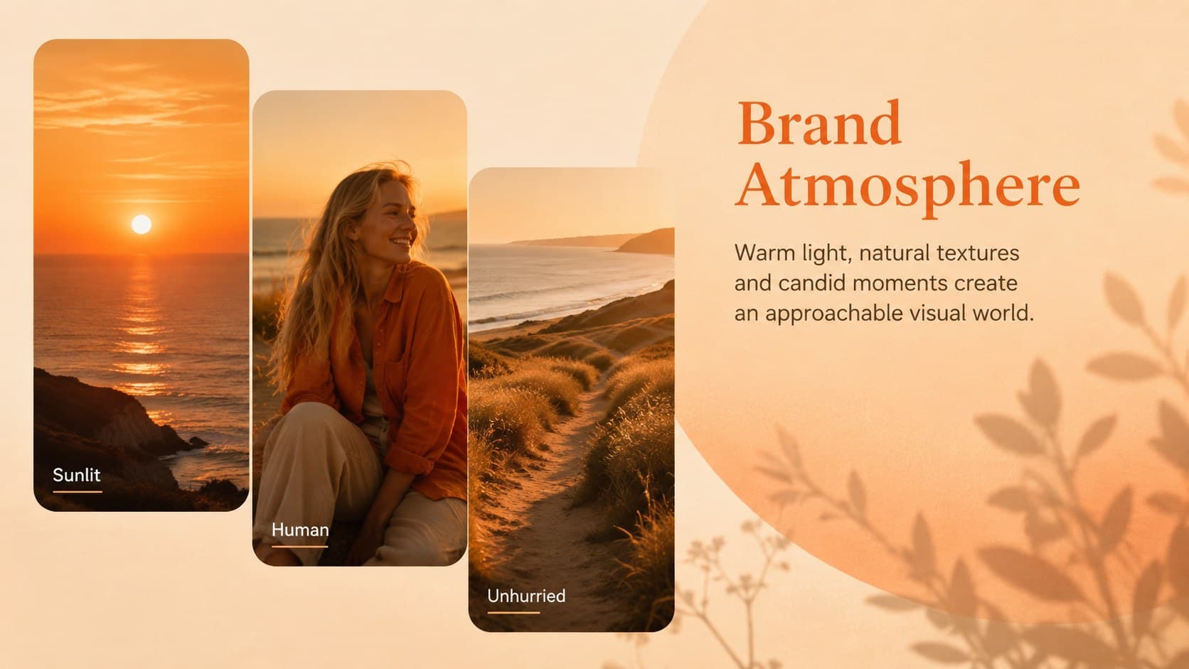 Brand atmosphere moodboard slide featuring warm lifestyle photos and golden hour marketing colors.