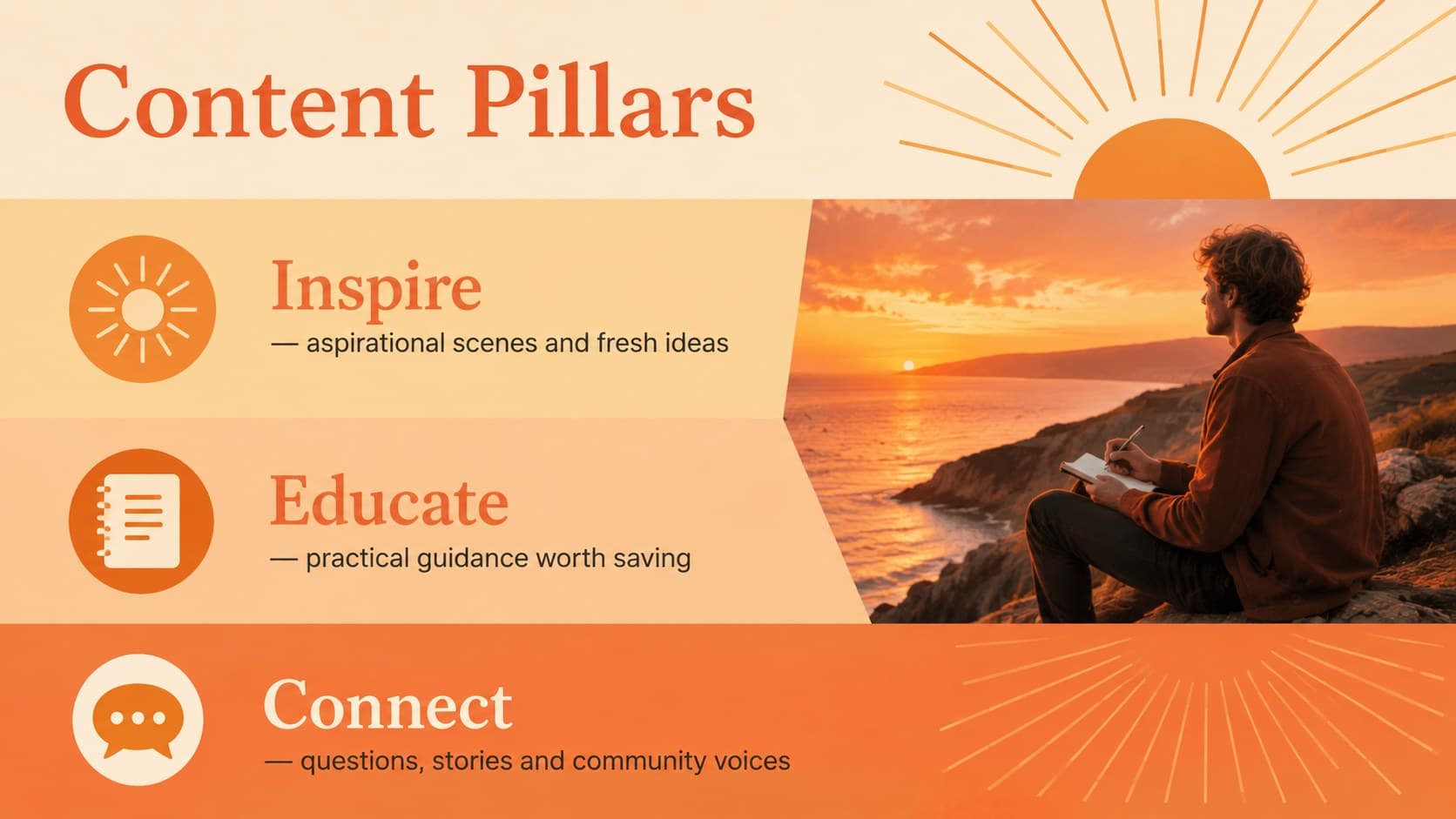 Content pillars slide organizing an orange and beige social media strategy into three themes.