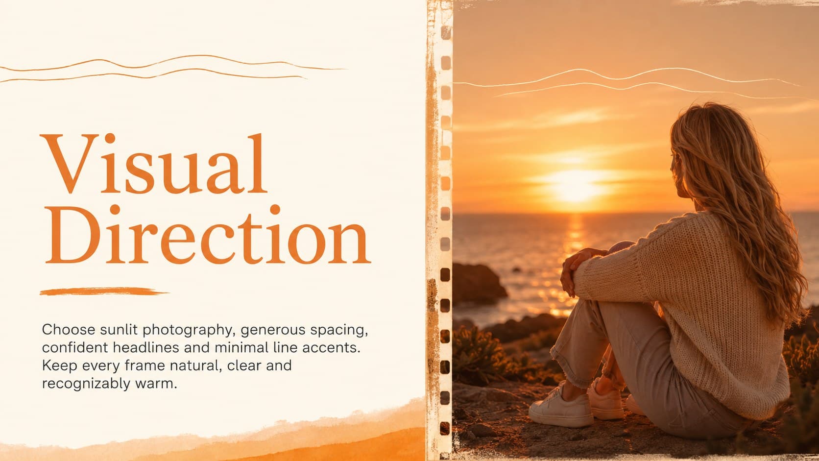 Visual direction slide presenting golden hour photography, typography and graphic styling.