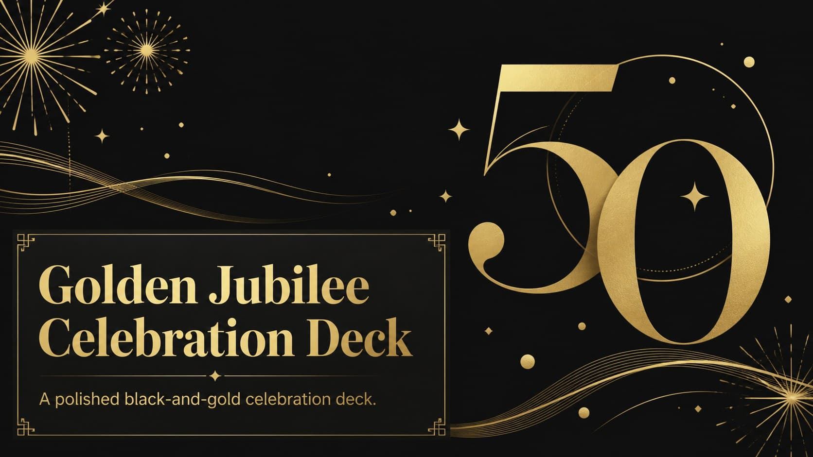 Cover slide for a golden 50th birthday presentation with an elegant black-and-gold celebration design.