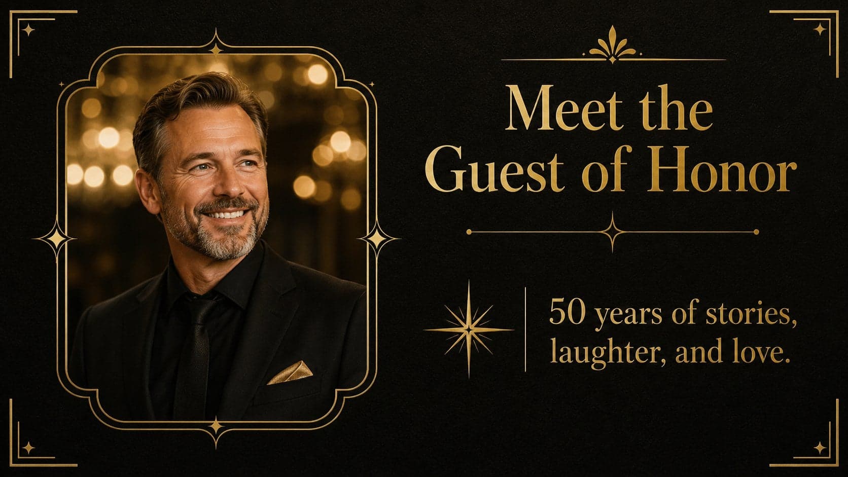 Milestone welcome slide introducing the guest of honor for a black and gold birthday celebration.