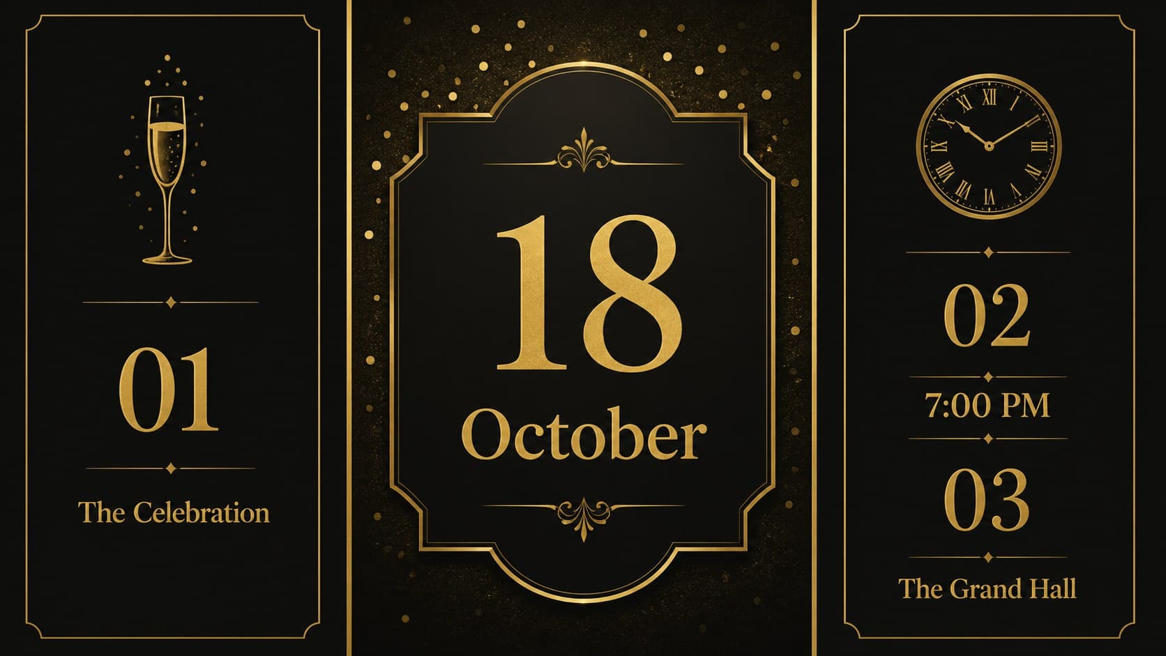 Birthday event details slide showing venue, date, and arrival information in a luxury celebration layout.