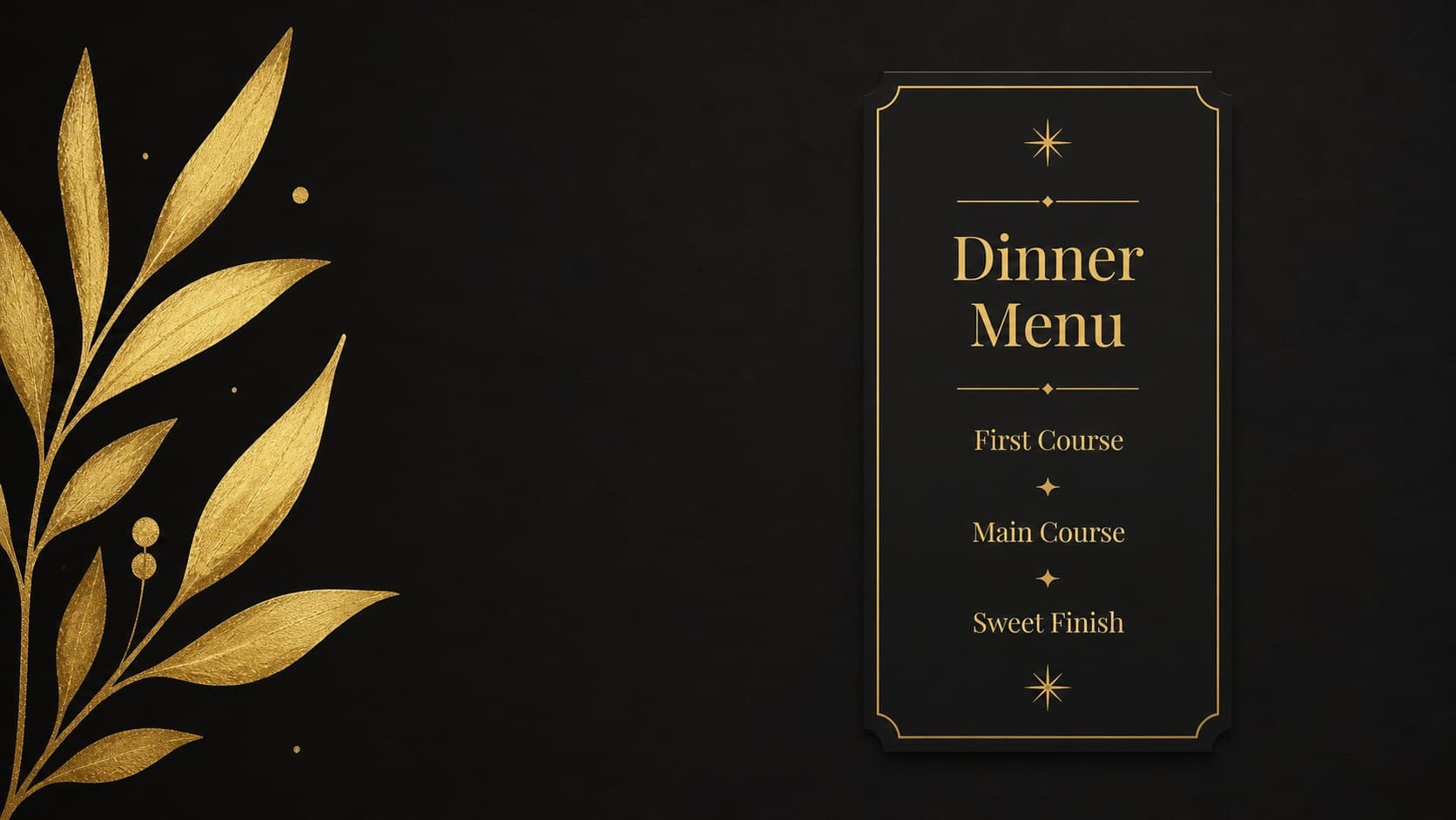 Golden birthday dinner menu slide with refined typography and black-and-gold ornament.