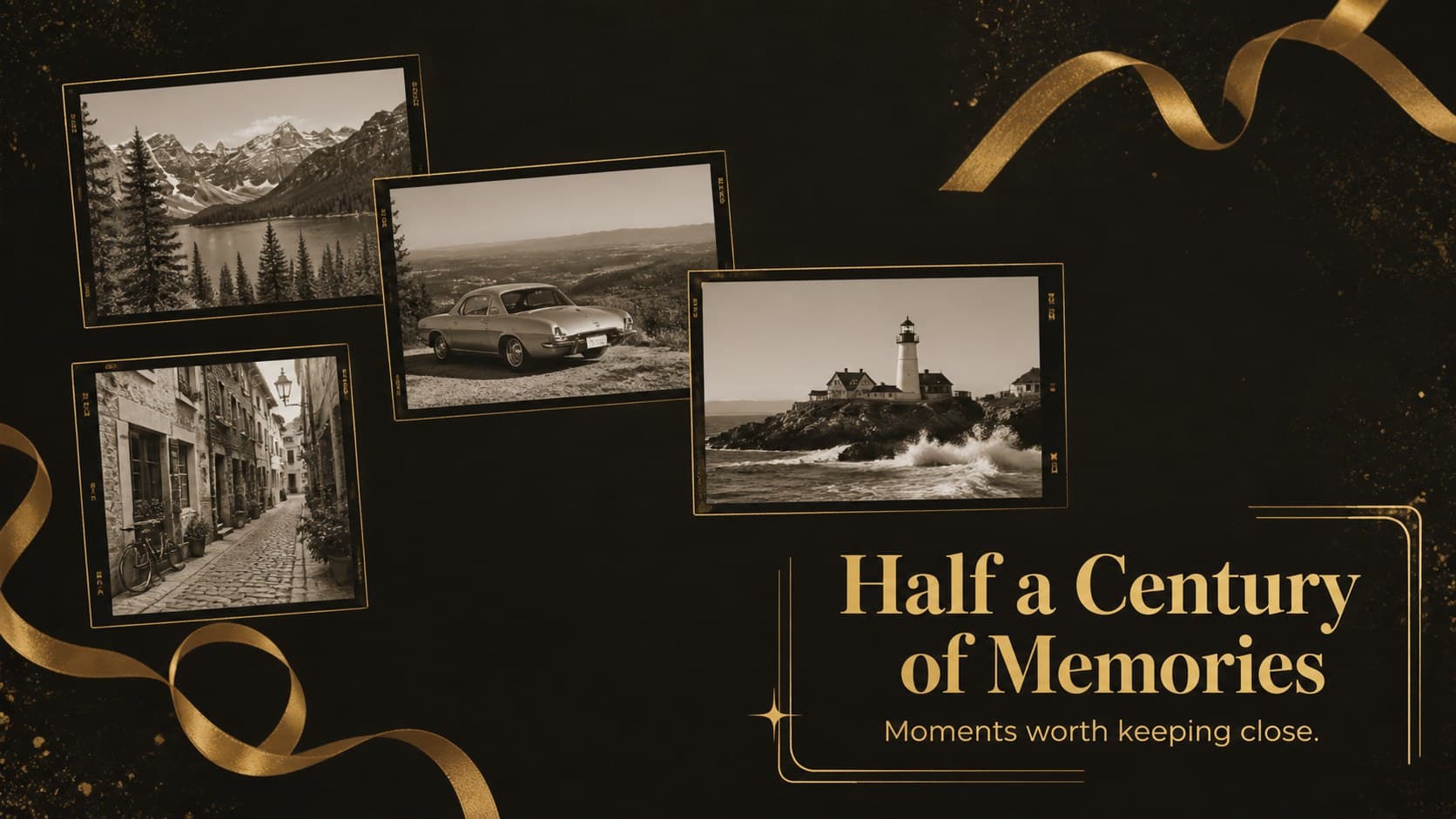 Birthday memory slide with an editable photo collage for a 50th anniversary celebration.