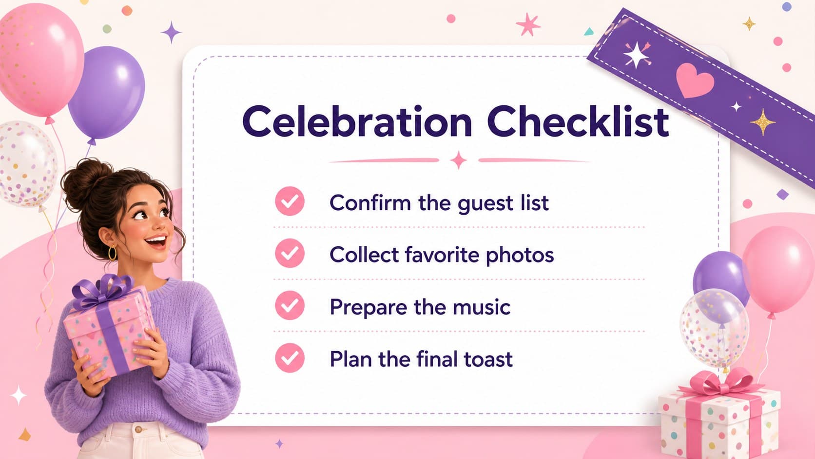Birthday planning checklist slide with colorful task markers for organizing a milestone party.