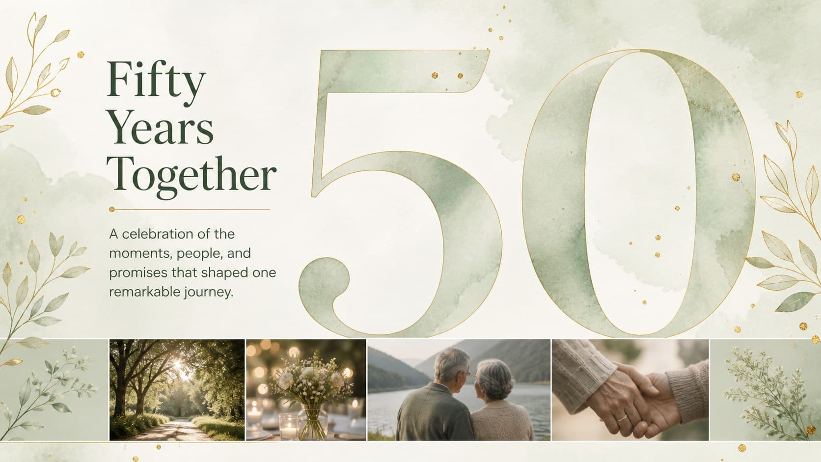 Golden anniversary presentation slide introducing five decades of shared memories with floral green accents.