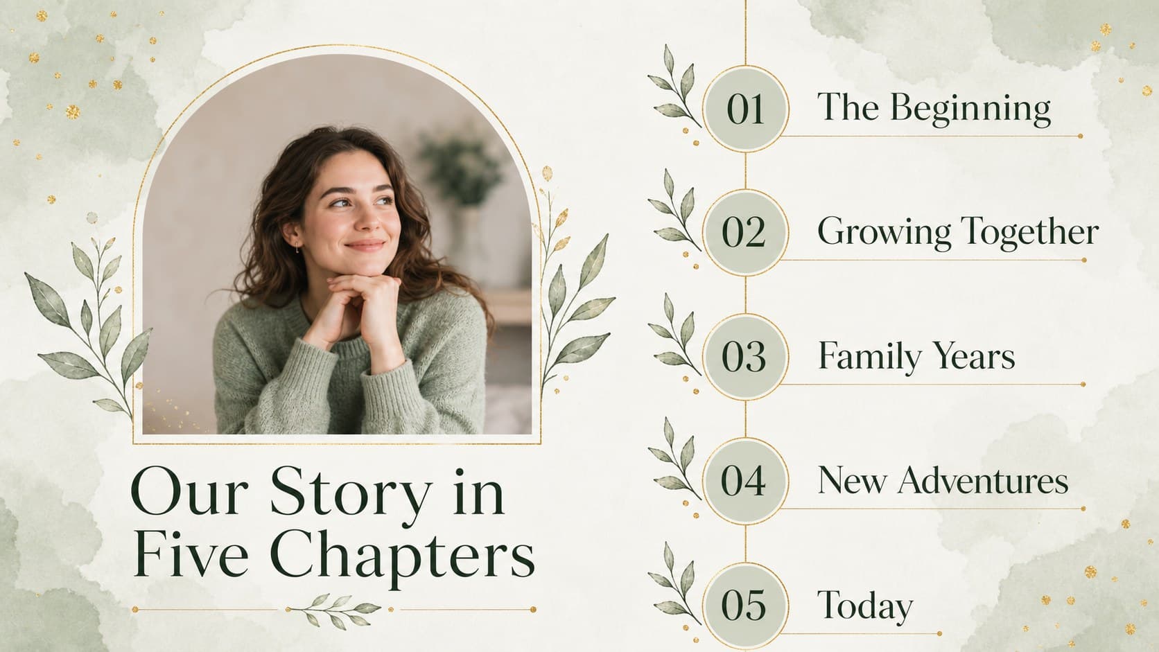 Wedding milestone timeline slide showing a couple's journey through fifty years in a classic floral style.