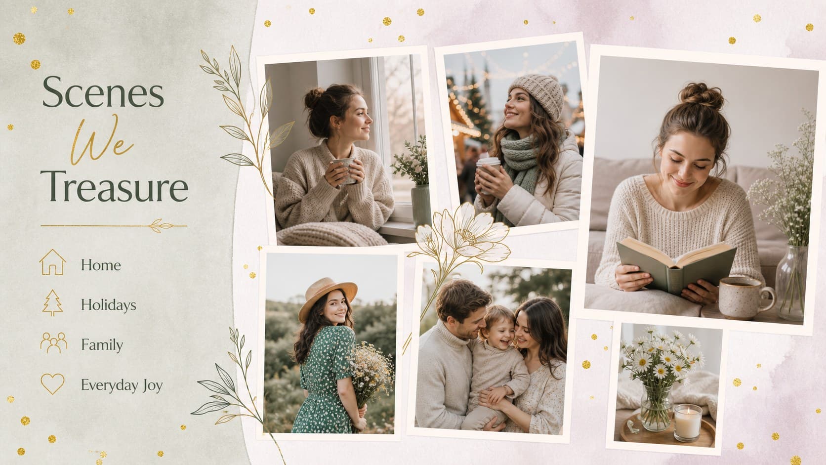 Photo gallery slide for a 50th anniversary photo slideshow with six elegant image frames and gold accents.