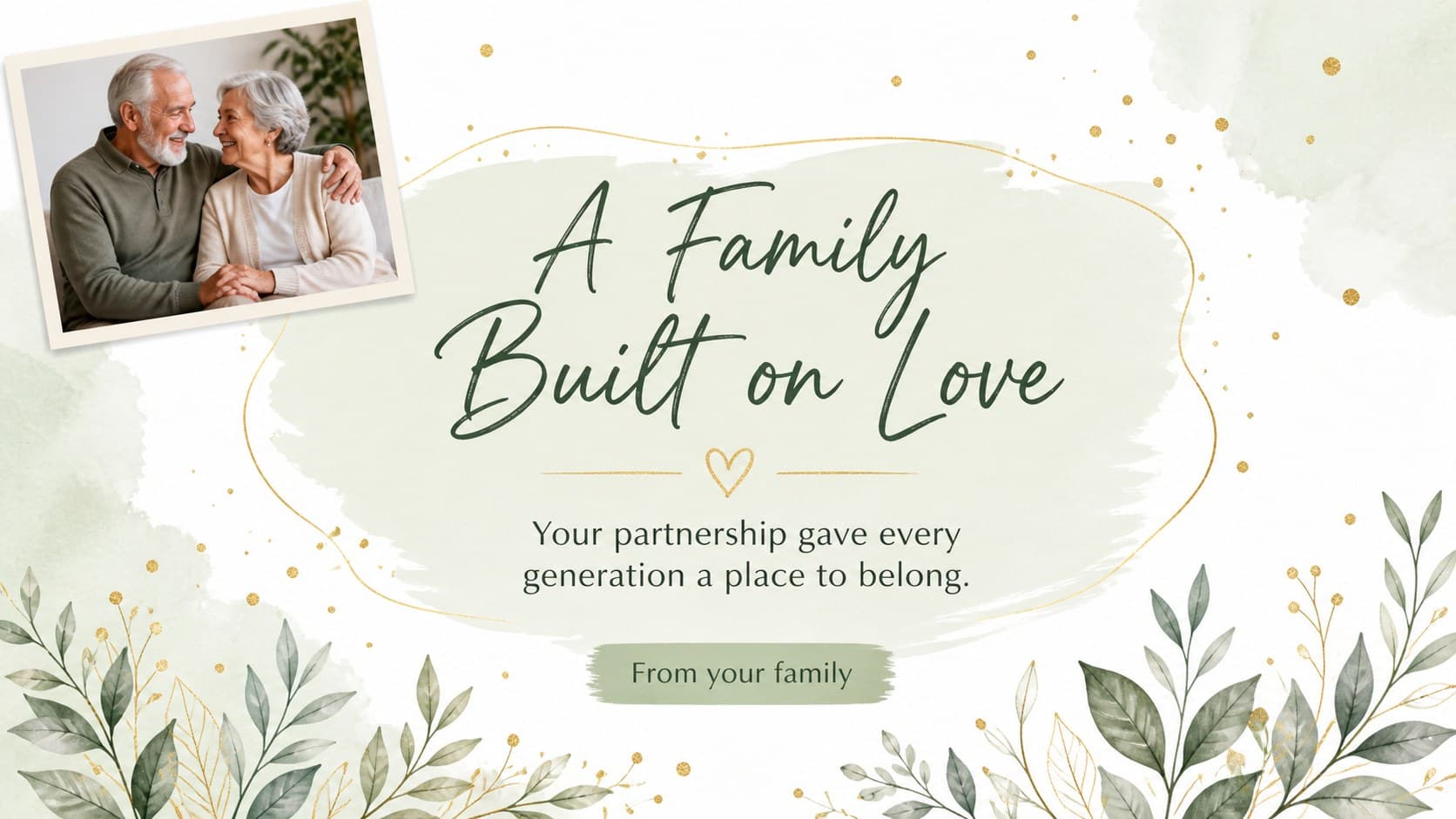 Family tribute slide with a large message area and floral framing for a golden wedding reception.