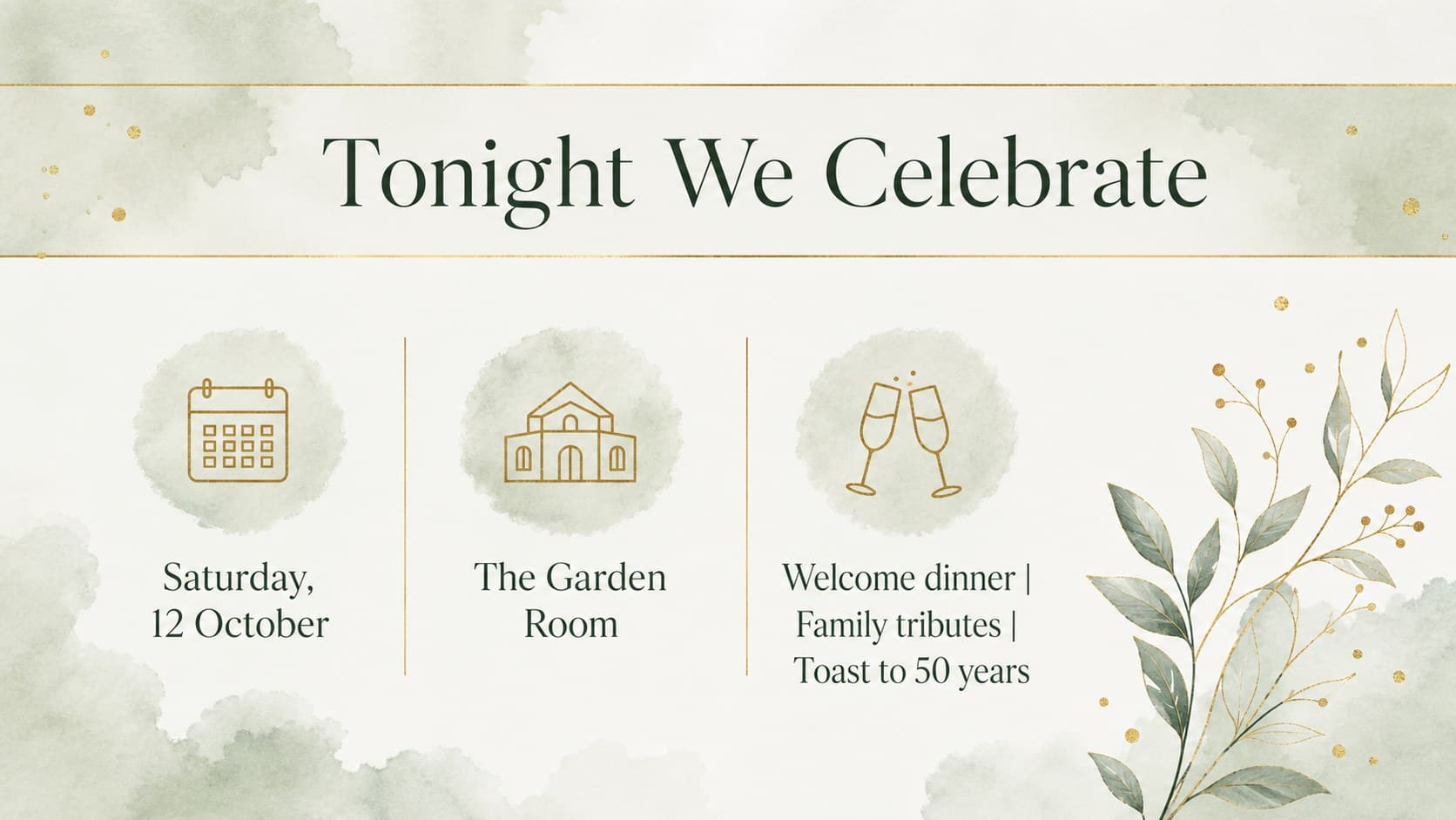 Golden wedding reception details slide with elegant typography, schedule information, and subtle floral decoration.