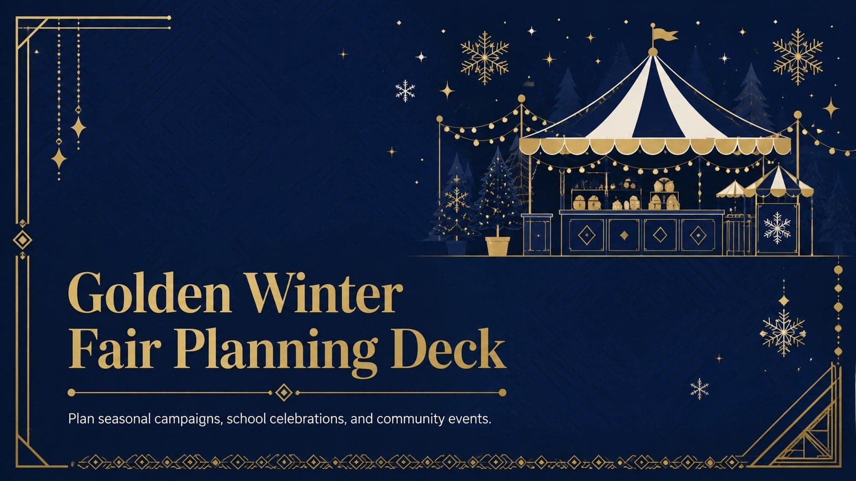 Cover of the Golden Winter Fair Planning Deck with elegant blue-and-gold seasonal decorations.