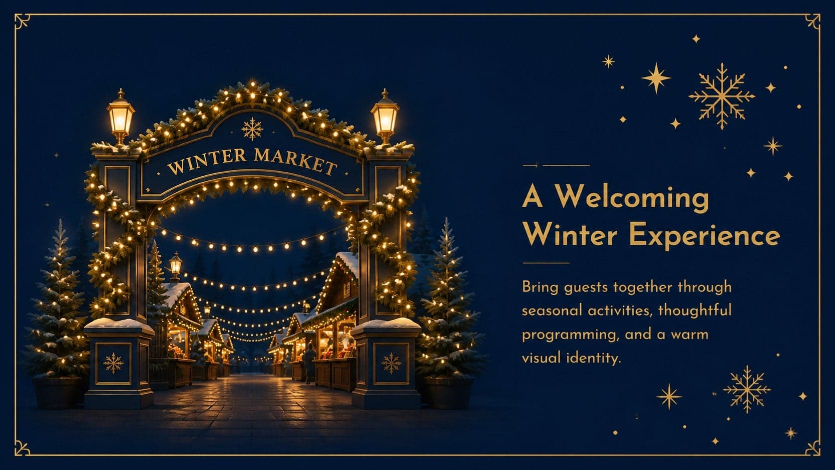 Elegant winter event presentation slide introducing a welcoming fair concept and seasonal atmosphere.