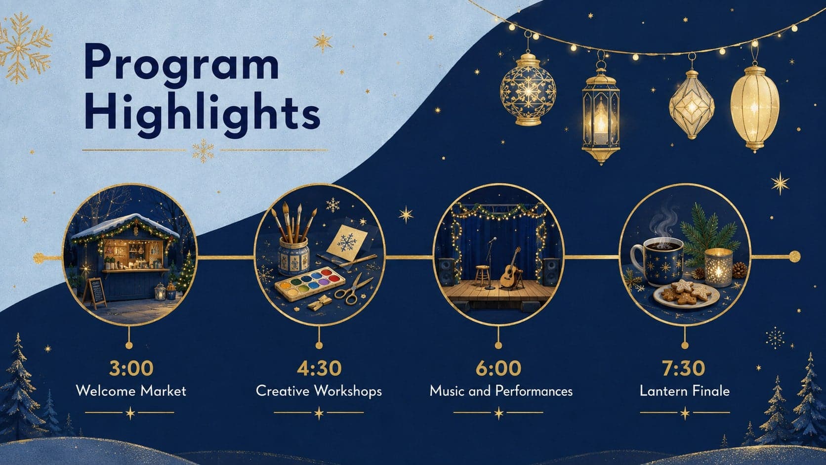 Blue-and-gold community winter festival presentation showing a four-part event program.