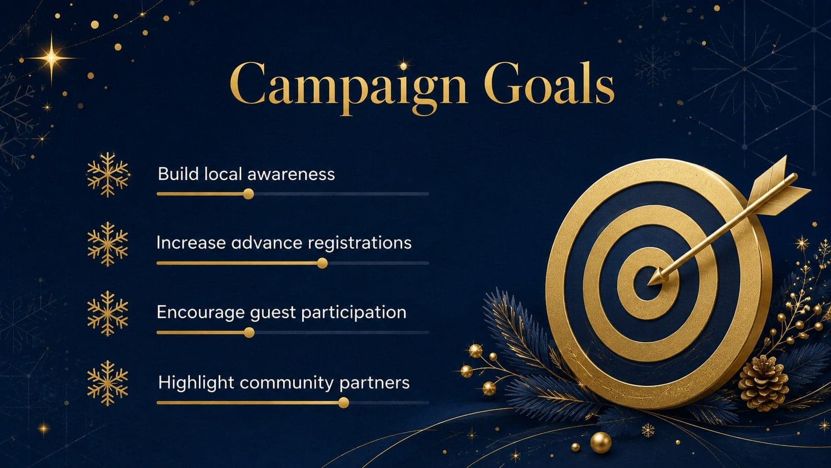 Seasonal marketing presentation deck slide listing awareness, attendance, engagement, and partner goals.