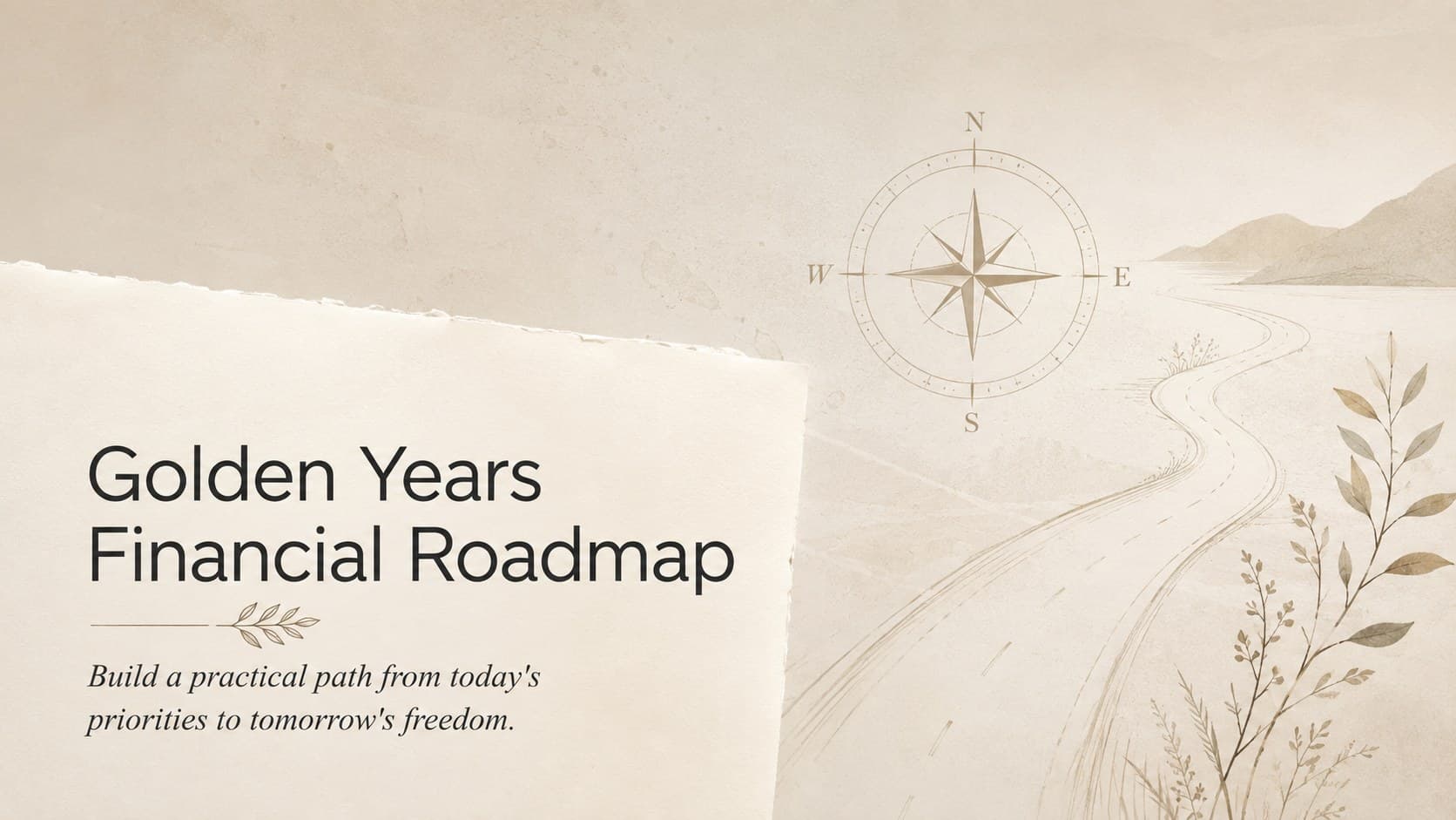 Golden Years Financial Roadmap cover slide with elegant beige typography and understated financial planning details.