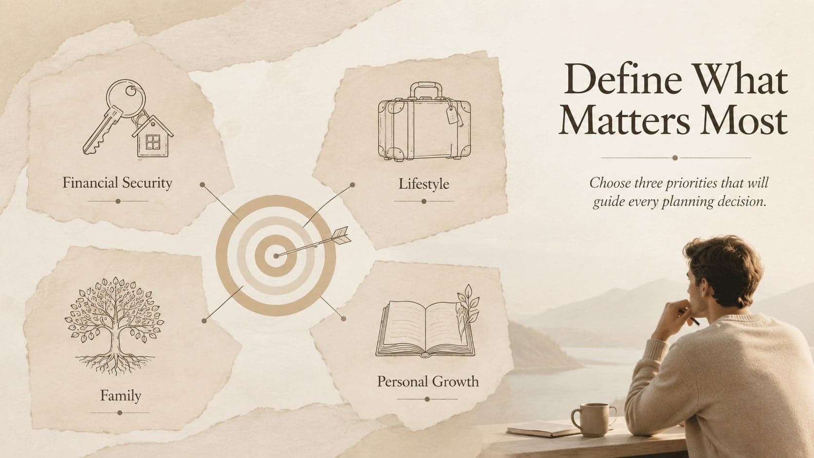 Golden years goals slide organizing retirement priorities into financial, lifestyle, family, and personal categories.