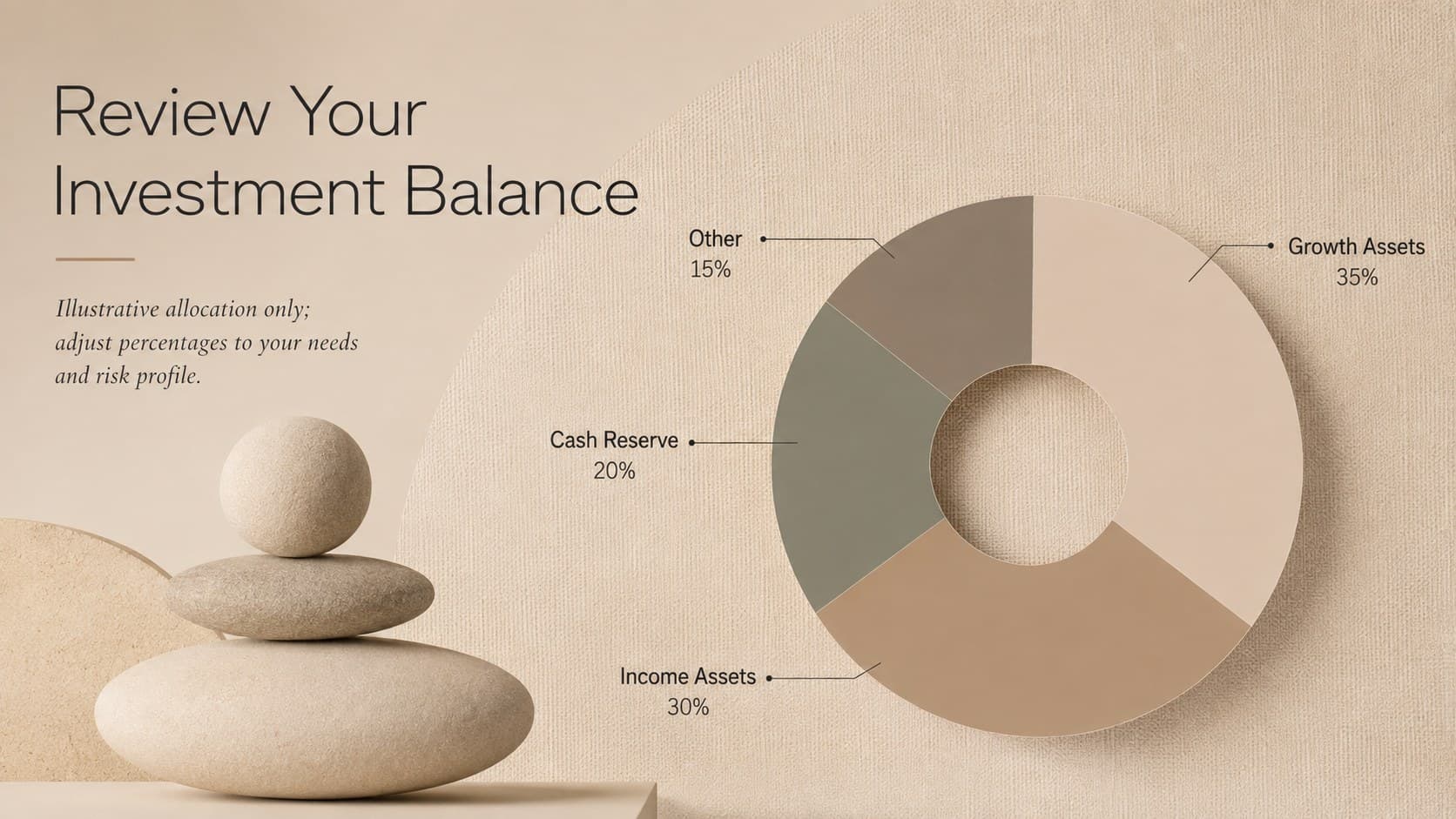 Investment allocation slide showing a balanced retirement portfolio across four asset categories.