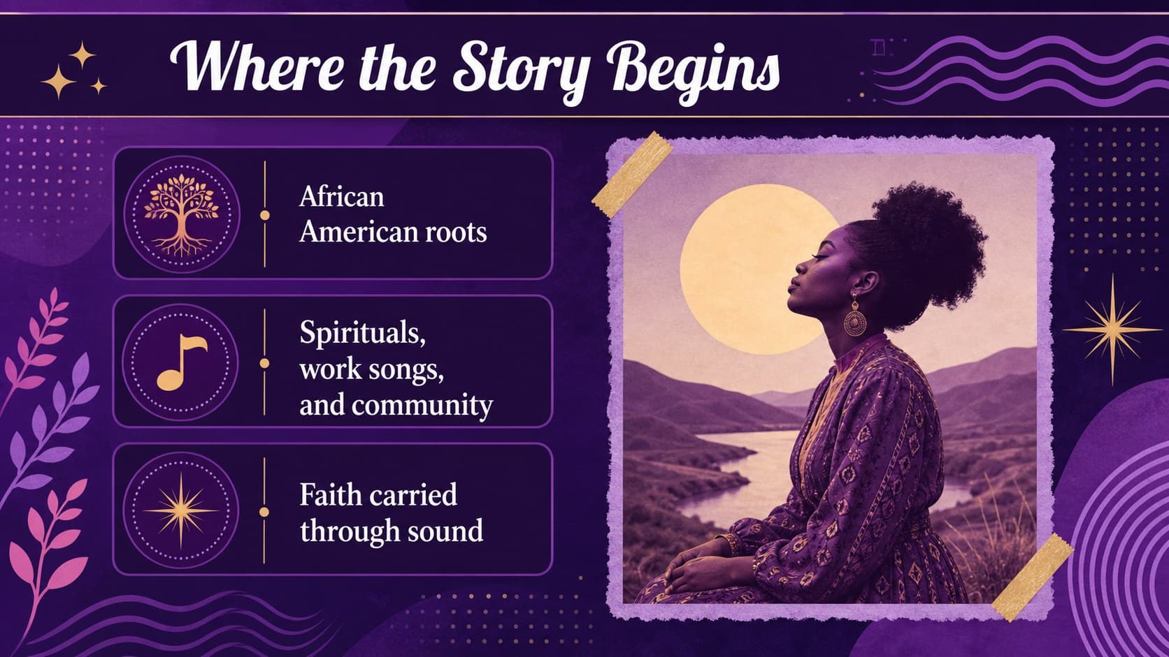 Gospel music classroom presentation slide showing a clean overview of origins and cultural roots in purple tones.