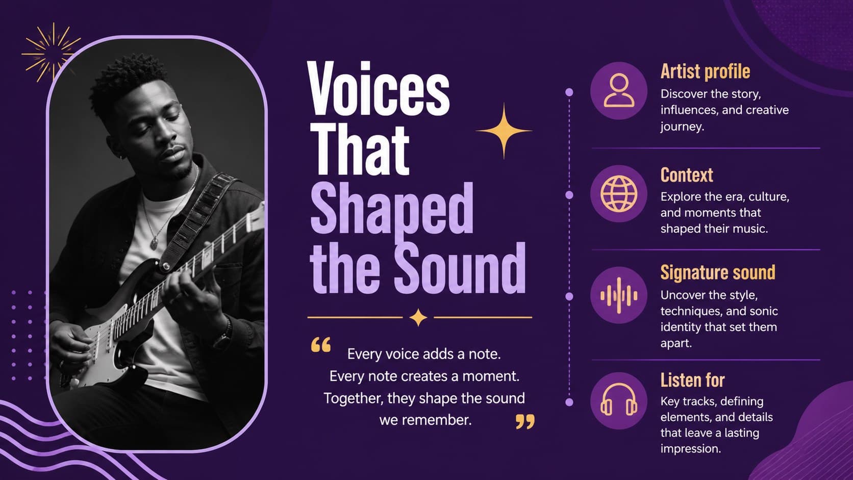 Gospel music artist profile slide with a portrait area, biography notes, and listening prompts.