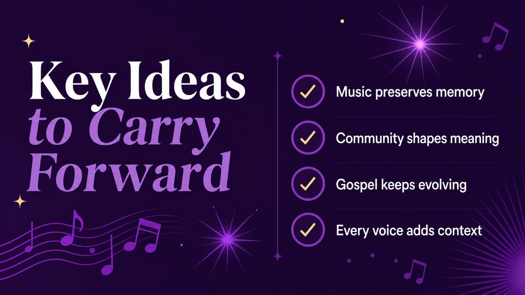 Gospel music history lesson slide summarizing key takeaways with a bold purple checklist layout.