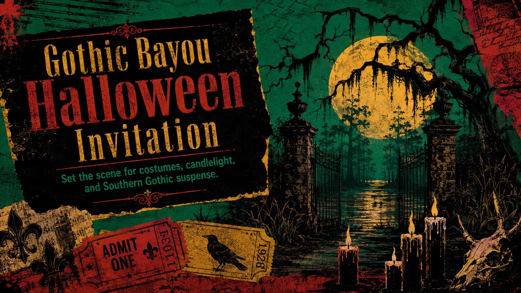 Gothic bayou Halloween invitation cover with distressed typography, vampire-inspired details, and red, green, yellow, and black accents.