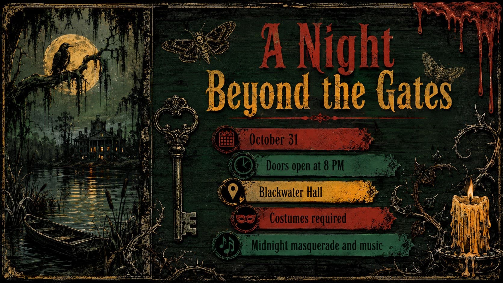 Southern Gothic costume party details slide listing the date, venue, dress code, and evening schedule in a distressed layout.