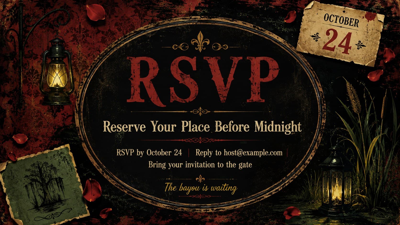 Vampire masquerade Halloween RSVP slide with a bold response deadline and distressed bayou-inspired decorations.