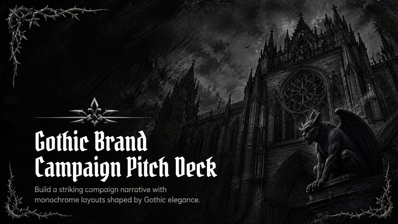 Cover of a gothic brand campaign pitch deck with dramatic monochrome typography and refined ornamental details.