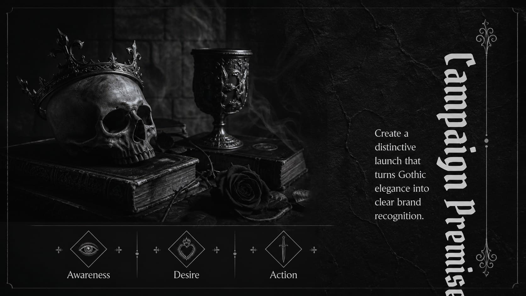 Dark monochrome marketing slide introducing the campaign premise, objective, and desired brand perception.