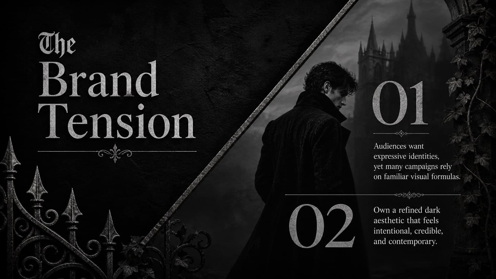Gothic campaign strategy slide outlining the market tension and opportunity for a distinctive brand.